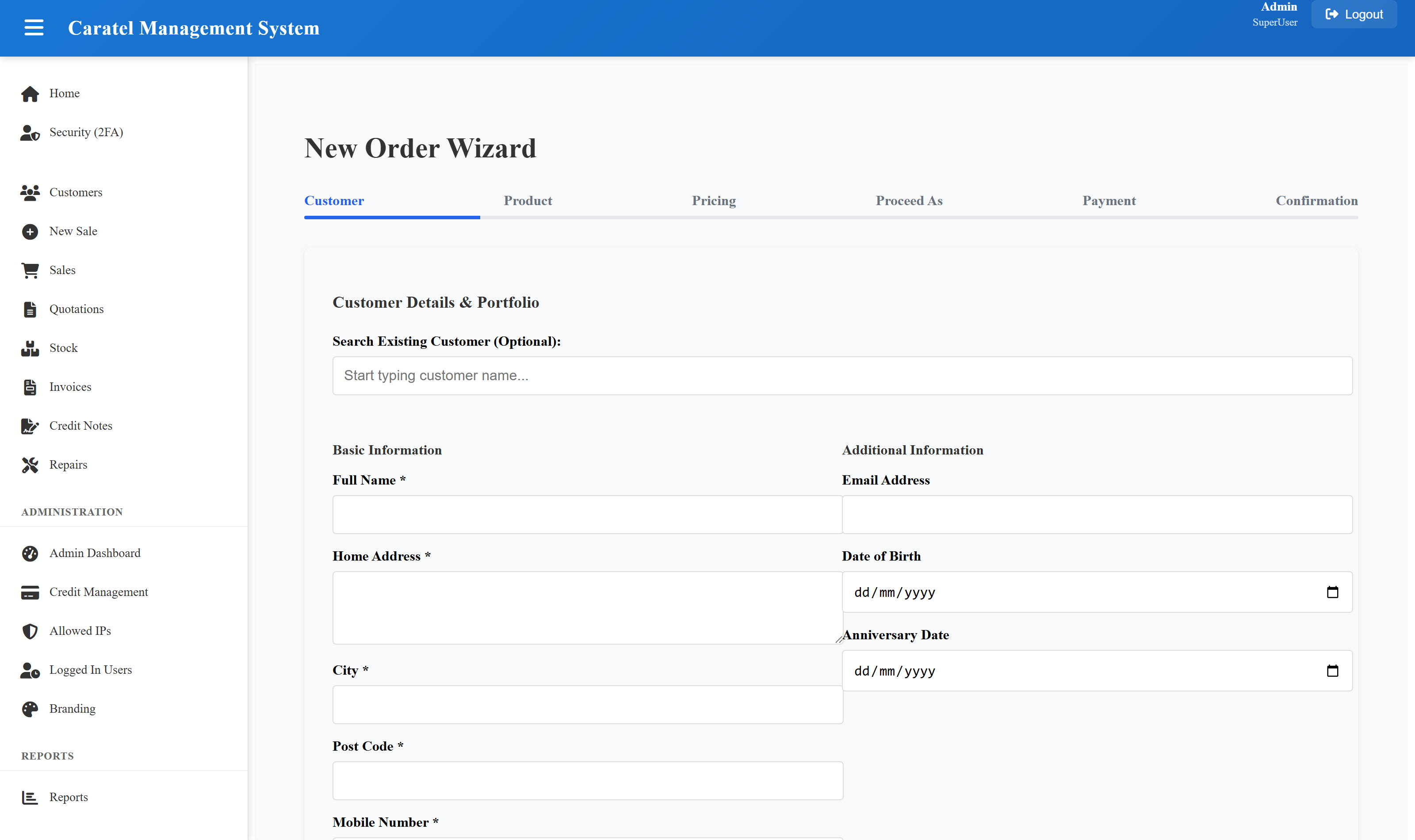 Caratel order wizard